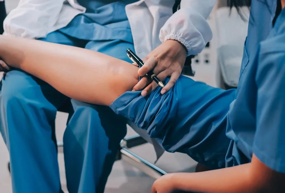 Doctor giving a patient a leg treatment