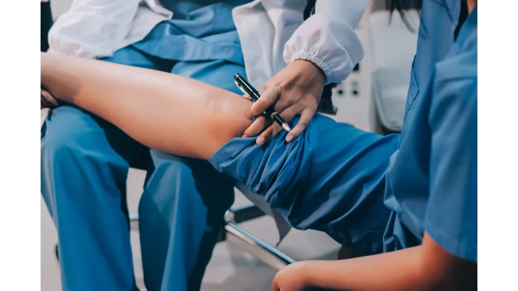 Doctor giving a patient a leg treatment